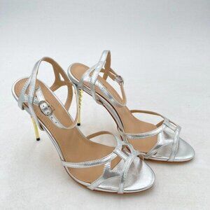 Silver Open Toe Cutout Sandals for Women Strappy High Heel Ankle Strap Club Shoe